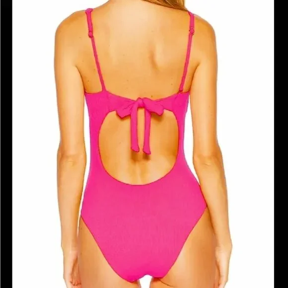 🆕️2023 BECCA BY REBECCA VIRTUE Pink Ribbed Asymmetrical One Piece Swimsuit M - Picture 6 of 14